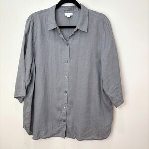 J Jill Love Linen Gray Button Up Top Women L Collared 3/4 Sleeves Lagenlook